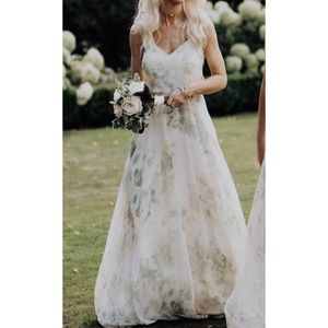 Jenny Yoo Inesse Chiffon V-neck Gown Sage Floral